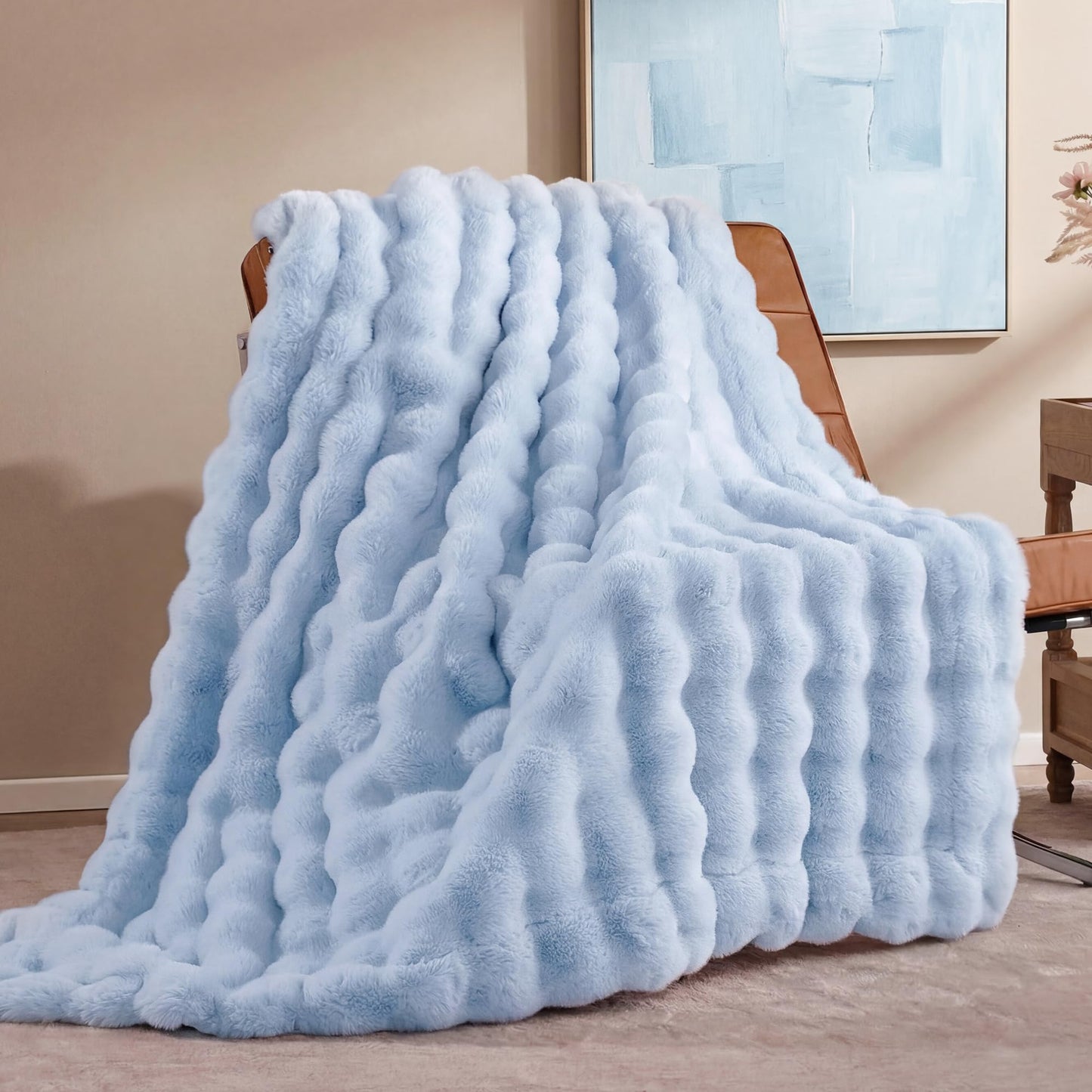 Smoofy Faux Fur Throw Blanket for Couch - Light Blue Super Soft Cozy Bubble Blanket, Fluffy Plush Fuzzy Throw for Sofa & Bed, Thick Lightweight Warm Blanket, Luxury Aesthetic Gift for Women 50"x60"