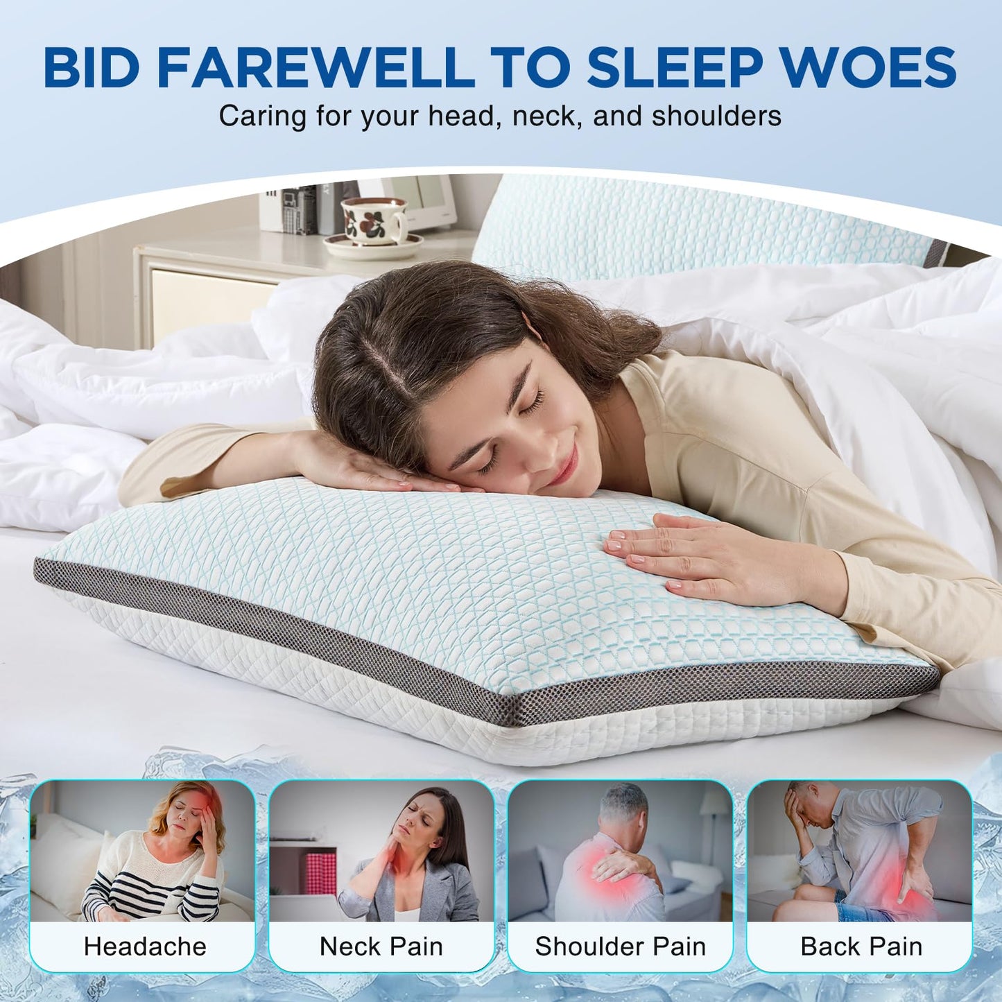 Baskbed Cooling Pillows Queen Size Set of 2, Shredded Memory Foam Pillows 2 Pack, Bed Pillow for Hot Sleepers Adjustable Firm Pillow for Side, Back and Stomach Sleepers, Machine Washable