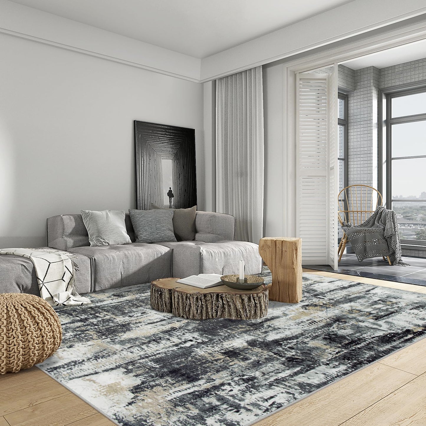 6x9 Area Rugs Washable Rug: Large Modern Abstract Living Room Rug Soft Anti-Skid Thin Carpet Indoor Floor Non-Shedding Carpets for Bedroom Dining Room Farmhouse Nursery Home Office Black Grey Gold