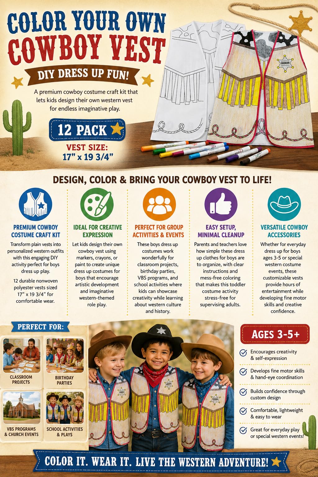 Fun Express Color Your Own Western Vest - Craft Kits - 12 Pieces