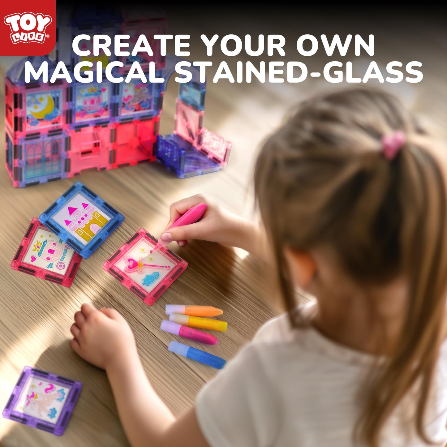 TOY Life Magnetic Tiles for Kids Ages 4-8, Building Toys Magnetic Toys for Toddlers 3+, 68pcs Princess Castle Magnet Tiles with Windows Art, Magnetic Building Blocks Toddler Toys Games