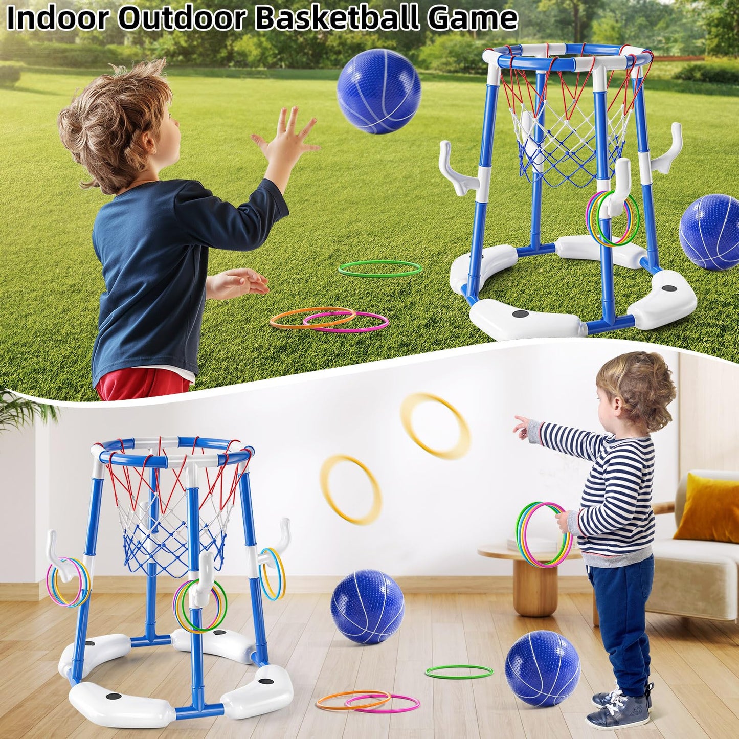 NIPLOOOW Pool Basketball Hoop, 2-in-1 Floating Pool Toys Ring Game with 4 Balls and Pump, Outdoor Swimming Pool Basketball Games Water Play Toy Family Party for Kids Adults Age 3-12 (Blue)