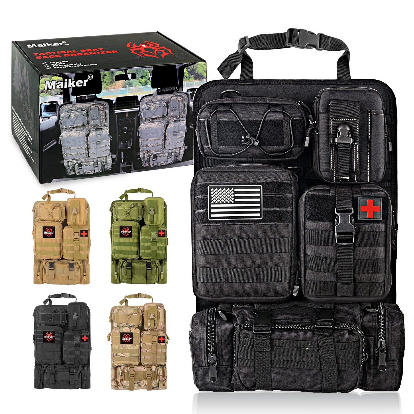 MAIKER Tactical Car Seat Back Organizer, Upgrade Tactical Vehicle Panel Organizer with 5 Detachable Molle Pouch, Universal fits for Most of Vehicle Black