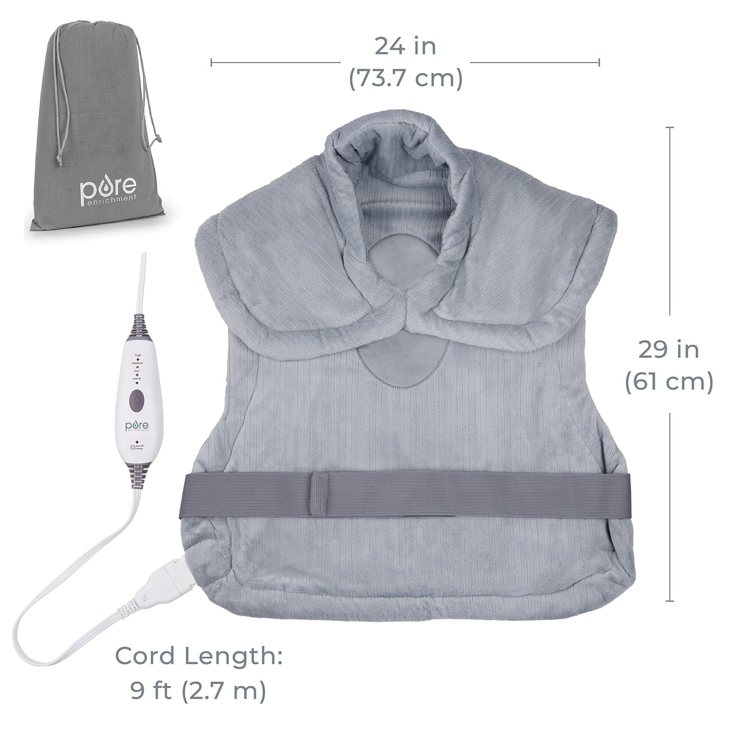Pure Enrichment PureRelief XL Extra-Long Back & Neck Heating Pad, Safe Heat Therapy for Sore Muscles, Pain, & Cramps in Neck, Back, & Shoulders, 4 Heat Settings w/Auto Shut-Off, Soft Fabric (Gray)