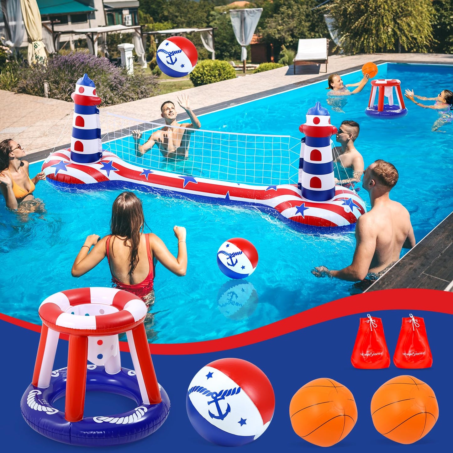 EagleStone Swimming Pool Volleyball Net Set with Basketball Hoop,Inflatable Pool Floats Set American Flag Volleyball Net & Basketball Hoops