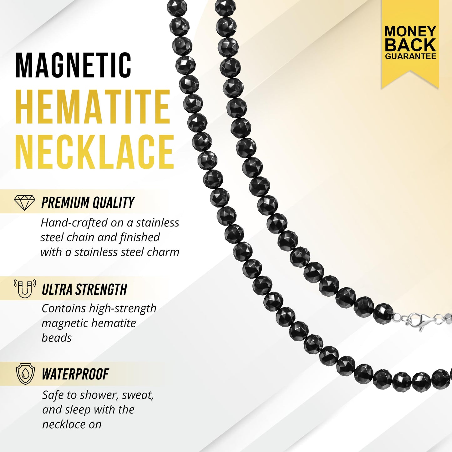 MagnetRX® Magnetic Hematite Necklace – Ultra Strength Hematite Stones – Unisex Beaded Necklace for Women and Men (6mm Faceted Beads)