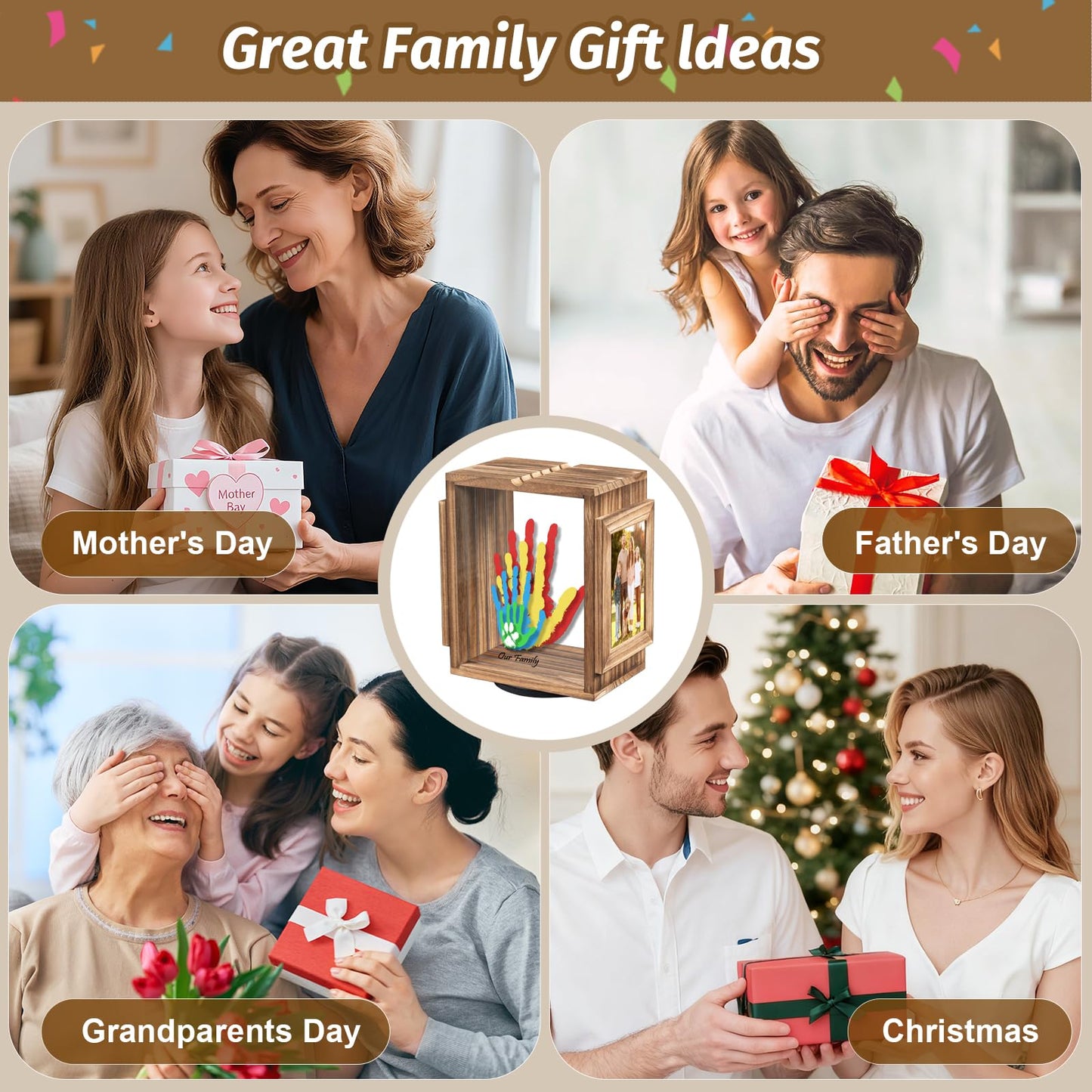 Emfogo 360 Rotating Family Handprint Kit, DIY Craft Keepsake Wooden Frame, Baby Footprint Kit, 5 Paint Colors Included, Non-Toxic Paints&Transparent Sheets, Gifts for Handprint Family Keepsake（Brown）