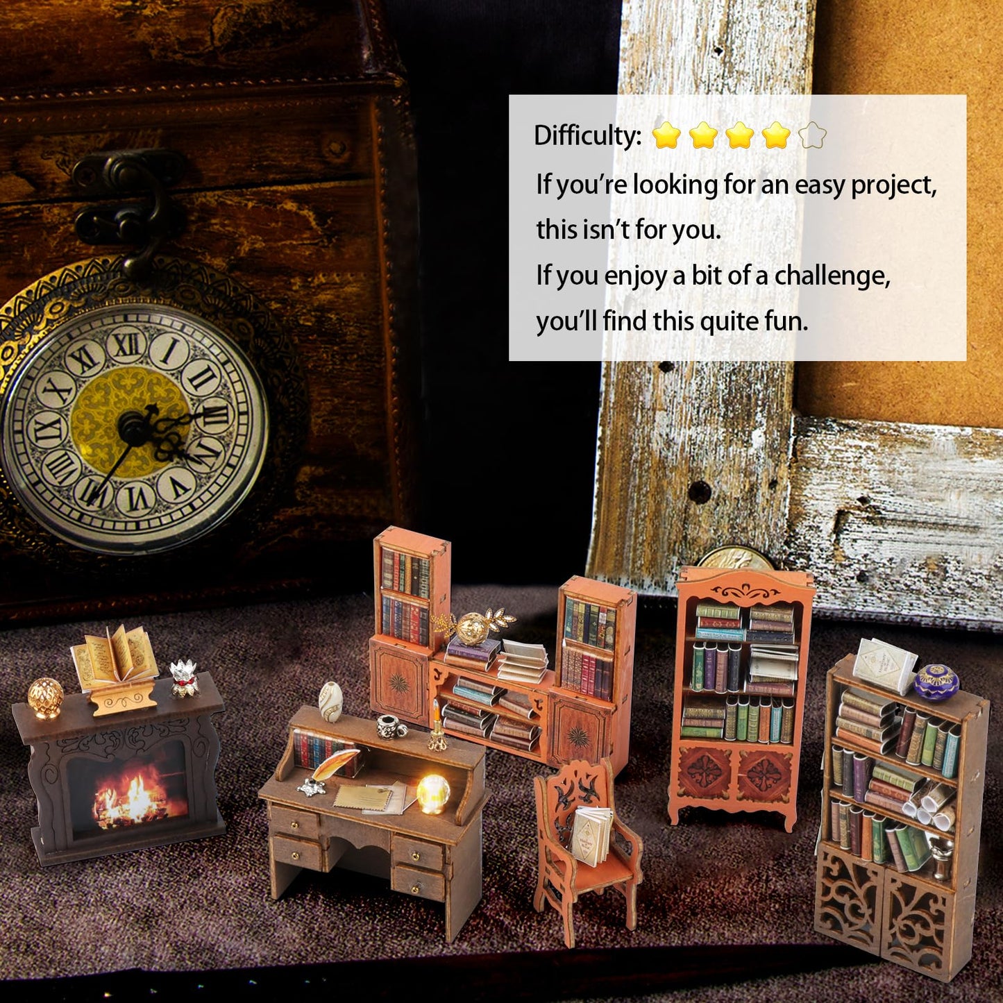 DIY Book Nook Kit - Dollhouse Miniature House Bookshelf Insert Decor Crafts for Adults Teens Halloween, 3D Wooden Puzzle Bookends with Sensor LED Light and Dust Cover