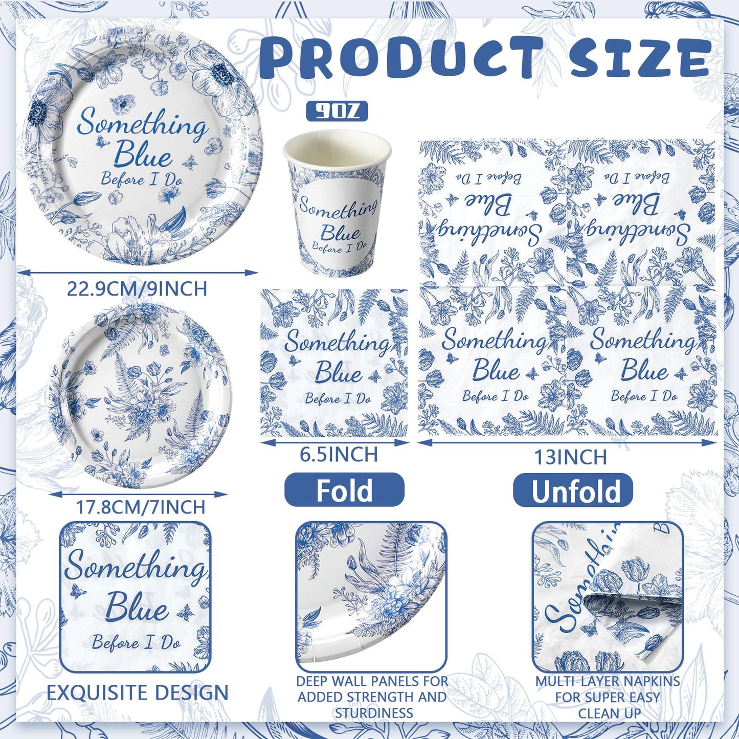 Zhehao 250 Pcs Something Blue Bridal Shower Plates Napkins Sets 50 Pcs 9'' Dinner Plates and 7'' Dessert Plate and 9oz Cups 100 Napkins Serves 50 Party Supplies Bridal Shower Engagement Decoration