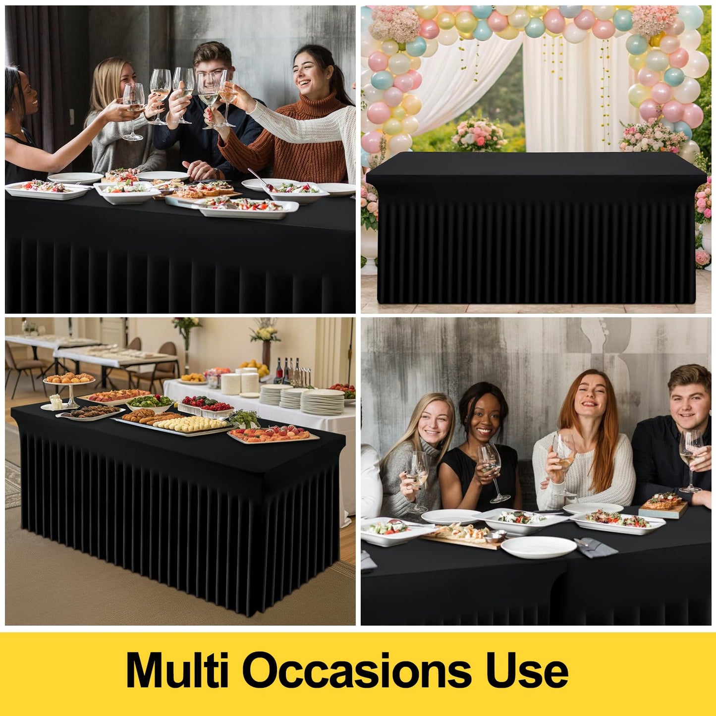 Smiry Spandex Tablecloth 2 Pack, Elastic Fitted Stretch Tablecloth for 8FT Rectangle Tables, Waterproof Washable Table Cover Skirt for Outdoor, Wedding, Banquet & Parties (Black, 96Lx30Wx30H Inch)