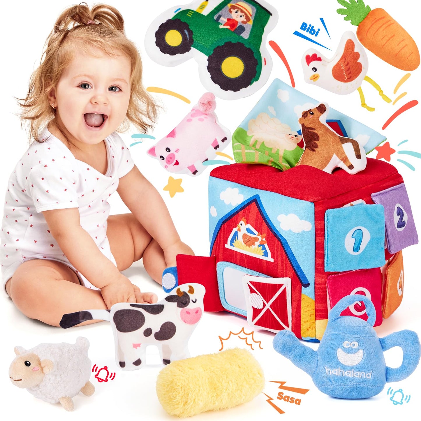 hahaland Baby Toys 6-12 Months - 13Pcs Surprise Developmental Box with Stuffed Farm Animals, Rattle, Crinkle Tissue, Squeaker, Mirror, Soft Activity Sensory Toy Montessori Toy for Babies