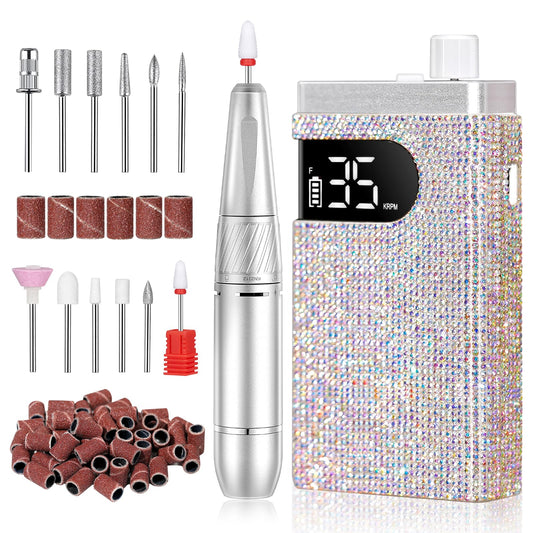 CHRISTINE SHELLY Rechargeable 35000RPM Nail Drill Sparkling Portable Professional Electric Nail File with 12 Drill Bit for Acrylic/Gel Nails Professional Nail Tools for Manicure Pedicure, Glitter