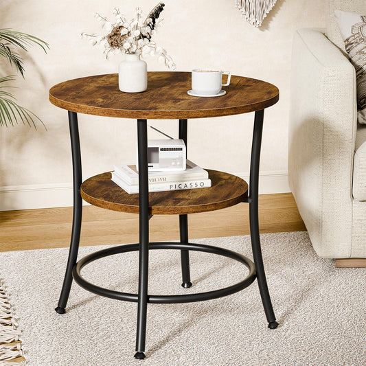 DUMOS Side Round Table for Living Room, 2-Tier Accent End Table with Storage Shelf,Sturdy Metal Frame Nightstand for Small Space, Round Bedside,Rustic Brown and Ink Black