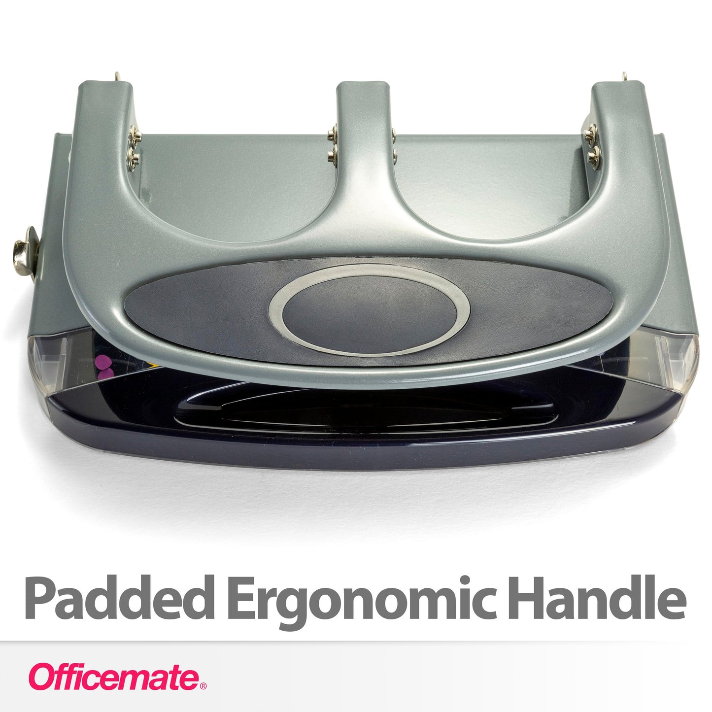 Officemate Deluxe 3-Hole Punch, Heavy Duty, with Chip Drawer, 45 Sheet Capacity (90100), Silver/Navy