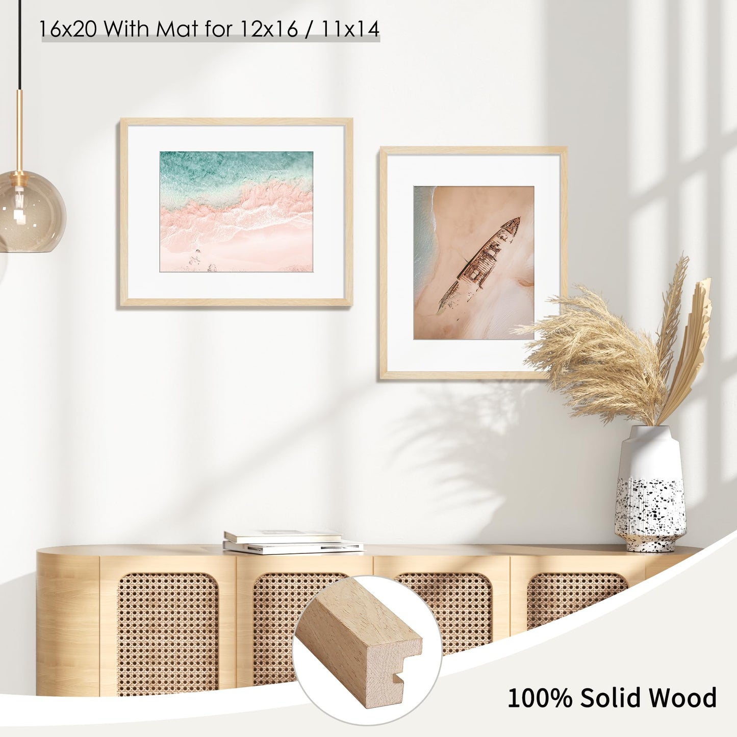 Decobility 16x20 Picture Frames Matted for 11x14 and 12x16 Picture, Solid Wood with Oak Wood Grain, Double Mats Photo Frame with Plexiglass Fits 3 sizes, Tabletop or Wall Mounting Display, Oak