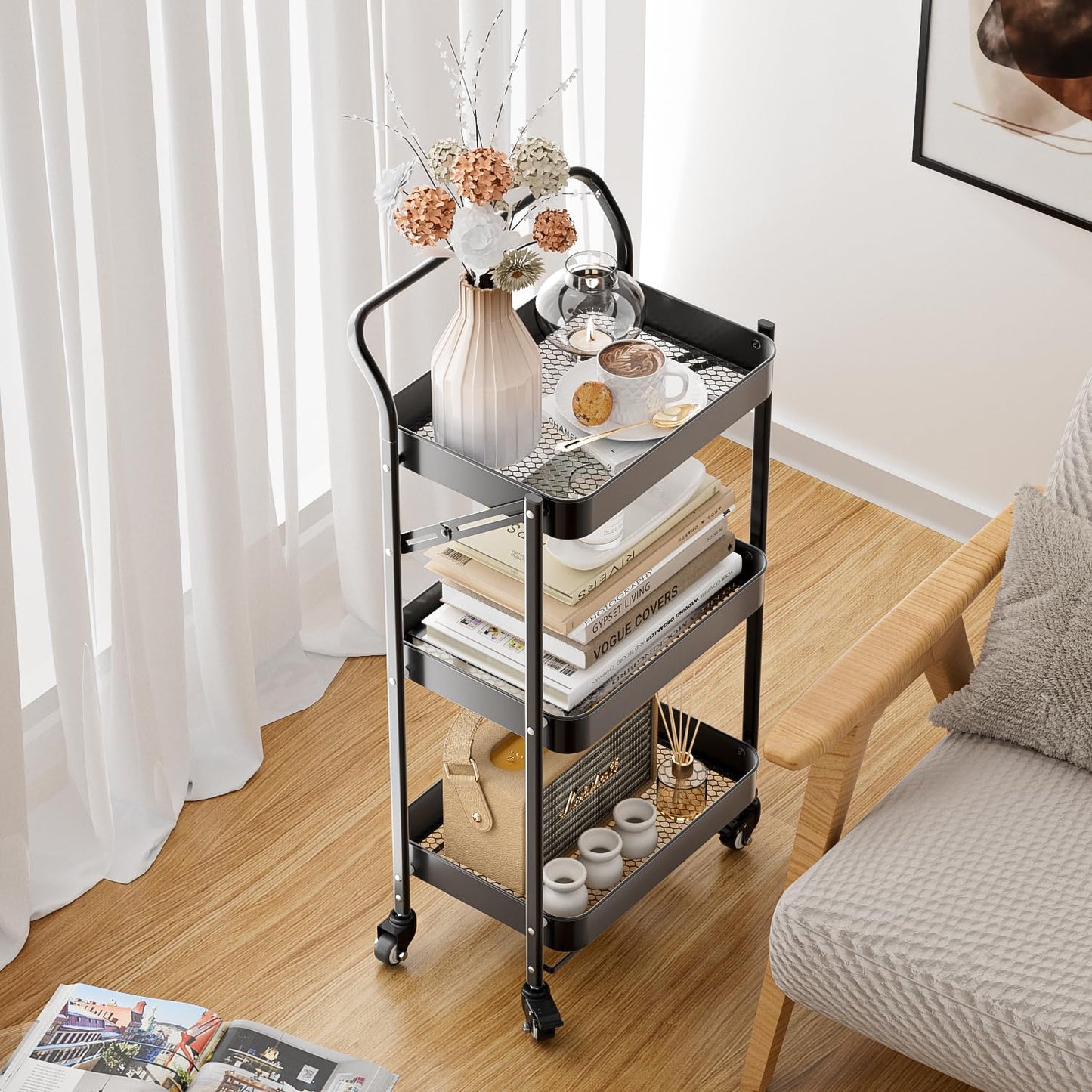 JAQ No Assembly Foldable Rolling Cart, 3 Tier Black Metal Folding Utility Cart with Handle, Heavy Duty Mobile Storage Organizer on Wheels for Office, Garage, Tools & Kitchen (Black)