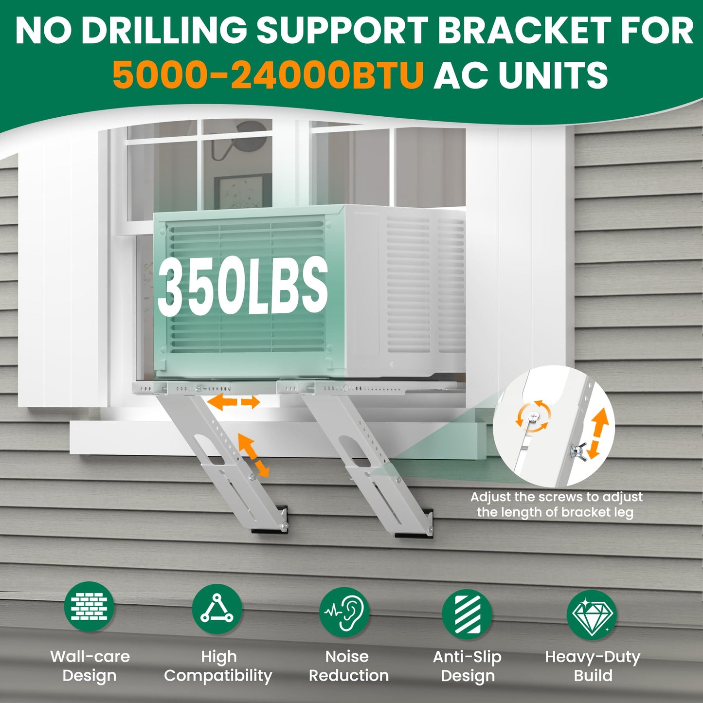 Plusluck Air Conditioner Bracket No Drill: Heavy Duty Holder with Bubble Level for 350lbs AC Units, Adjustable Width, No Tools Needed, Fits Single & Double Hung Windows, 5000-24000 BTU Coverage