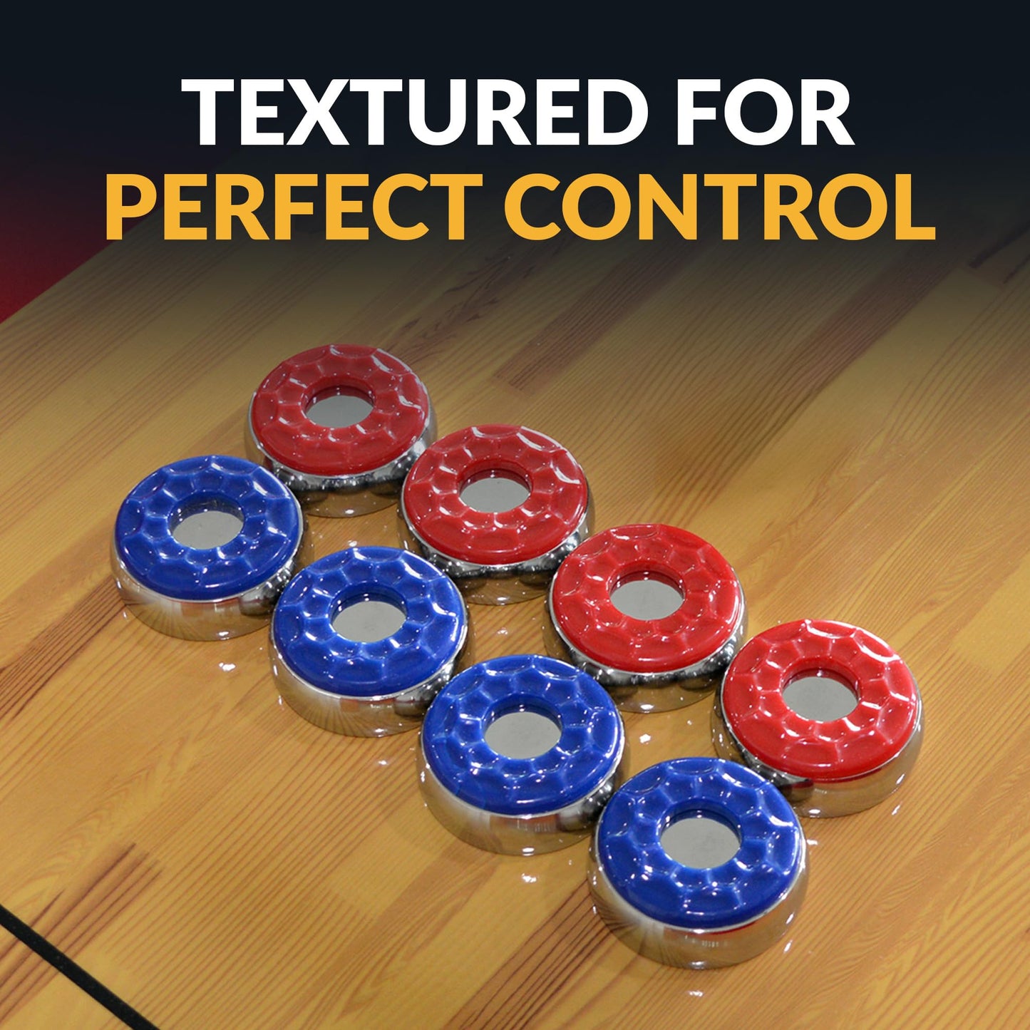 Hathaway Shuffleboard Pucks Set of 8 – Regulation Sized Shuffleboard Discs with Dimpled Top for Easy Grip & Beveled Edge for Better Control, & Sturdy Dark Cherry Wooden Case – Shuffleboard Accessories