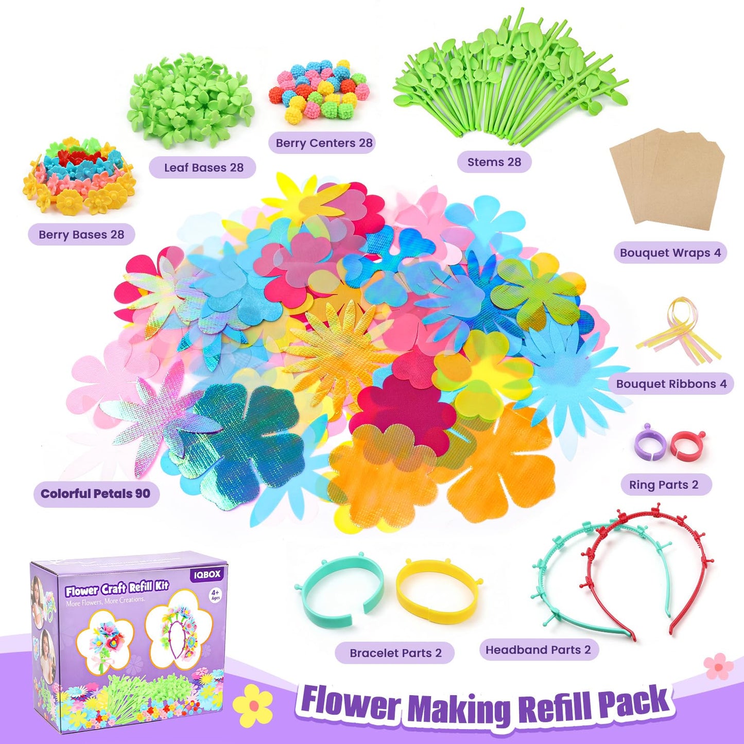 IQBOX Flower Craft Refill Kit for Kids Ages 4–8 – 217+ PCS Flower Making Accessories for Kids DIY Bouquet, Headband, Bracelet Supplies