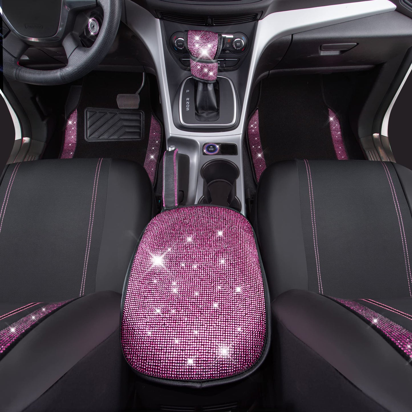 CAR PASS Bling Rhinestone Car Seat Covers Leather Shining Diamond Car Floor Mats Carpet with Anti-Slip Nibs Bling Diamonds Car Accessories Sets Pink Glitter Crystal Diamond Combo Set