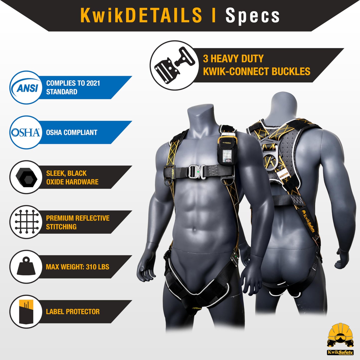 KwikSafety TORNADO DiamondBACK Safety Harness [4 Pack] 3 QUICK CONNECT BUCKLES + 1 D-RING ANSI OSHA Premium Fall Protection Black Full Body Fall Arrest Construction Roofing PPE