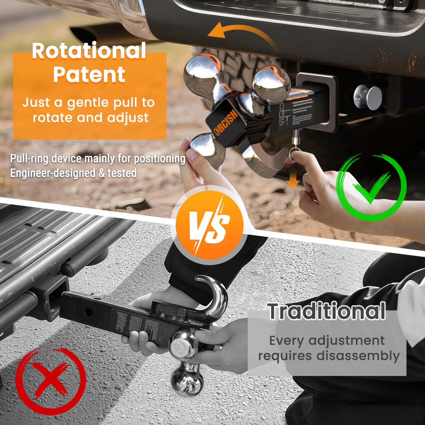 ORCISH 360° Swivel Trailer Hitch, Tri-Ball Mount with Pin & Heavy Duty Hook, Chrome-Plated Trailer Ball Size 1-7/8", 2" and 2-5/16", Fit 2 Inch Hitch Receiver, Rotating Ball Hitch, Towing Hitch