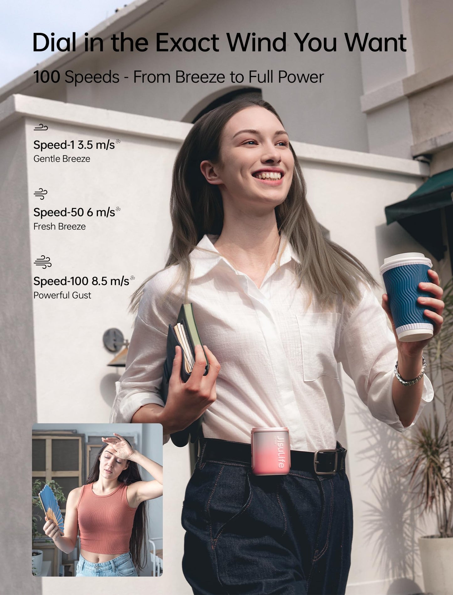JISULIFE Portable Necklace Fan with 100 Speeds, 40000RPM, Digital Display, 4500mAh Personal Waist Fan for 16H Cooling, Clip-On Wearable Design for Outdoor Travel, Fashionable Gift for Women(Pink)
