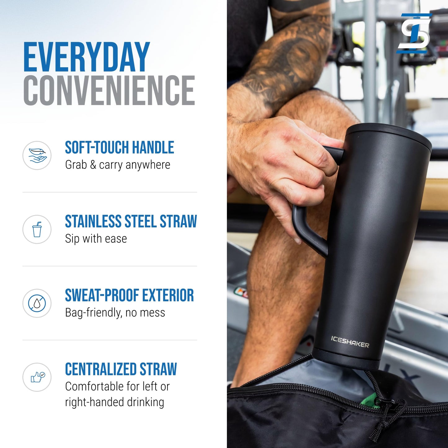 Ice Shaker 40 oz Tumbler with Handle and Straw | 40oz Black | Cold for 30+ Hours | 2-in-1 Tumbler Shaker Bottle | Odor-Free 40 ounce Bottle for Water, Protein Shakes, Smoothies, Cocktails