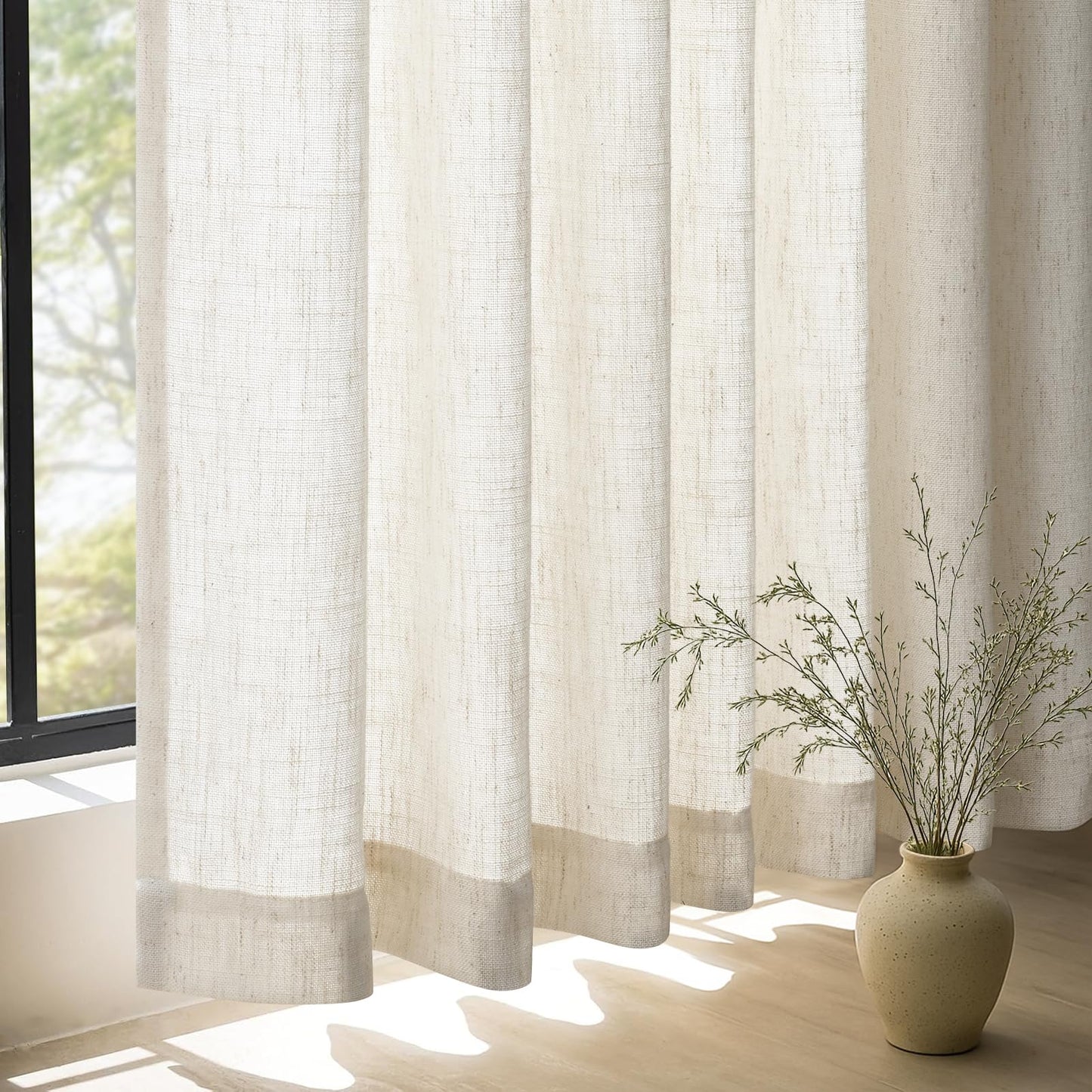 90 inch Pinch Pleated Linen Curtains for Living Room Bedroom Natural Ivory Birch Boho Country Thick Linen Textured Light Filtering Pinch Pleat Drapes Back Tab Semi Sheer Window Curtain 2 Panels