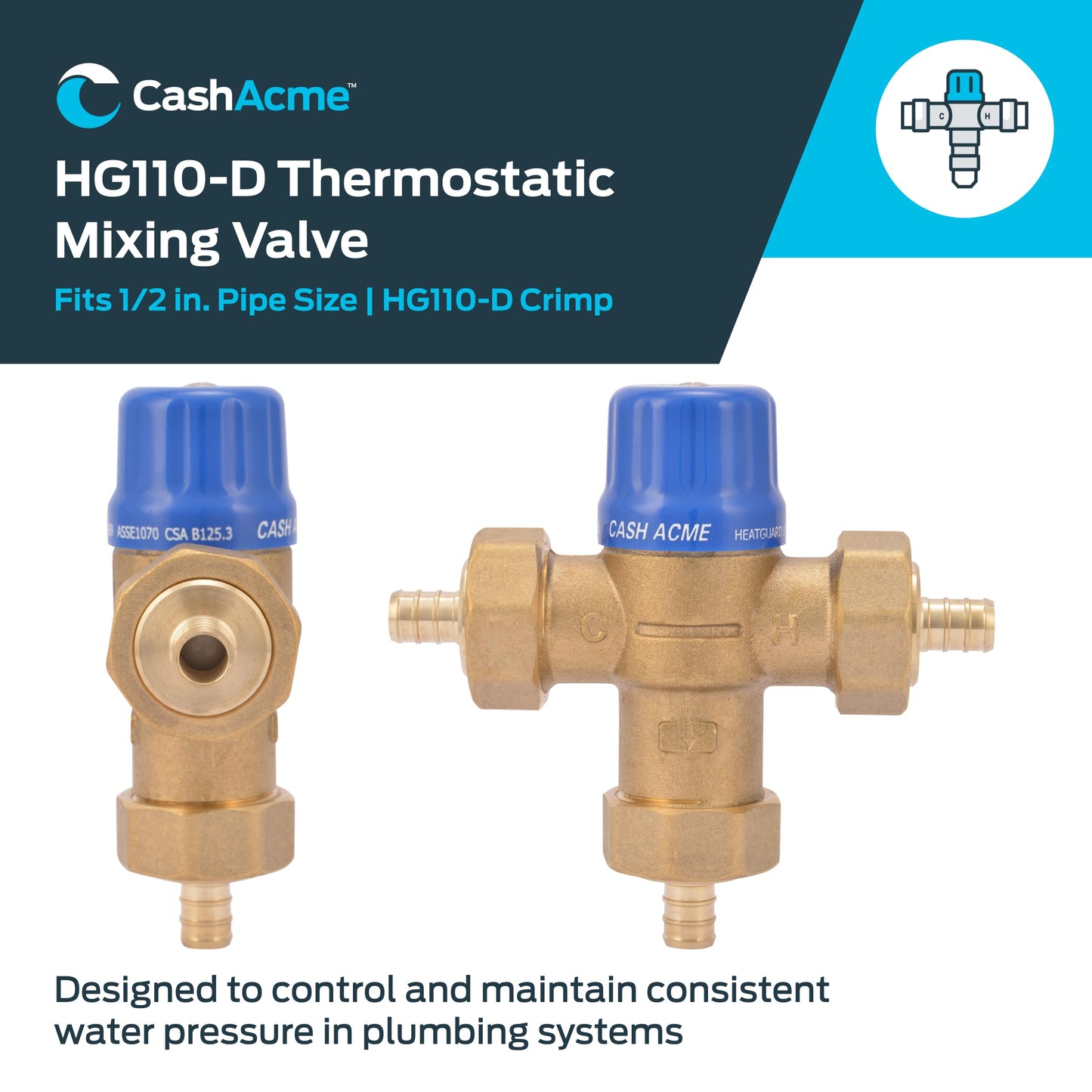 Cash Acme 1/2 Inch HG110 Crimp Thermostatic Mixing Valve with Barb Connections and Integral Checks, Brass Plumbing Fitting, 24506
