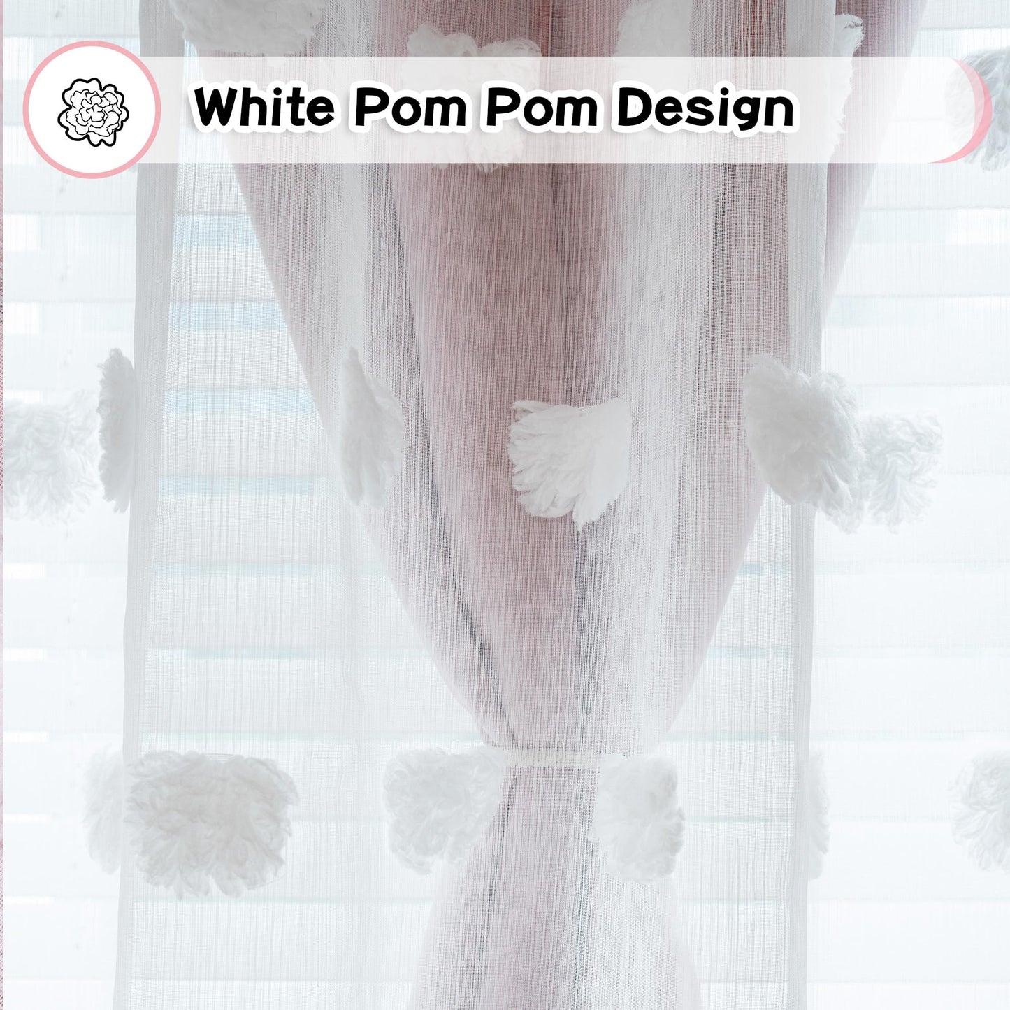 MYSKY HOME Pink Curtains for Girls Room 84 Inches Long Nursery Curtains Girl for Kids Room Double Layer White Pom Pom Sheer Living Room Darkening Window Drapes Back Tab, W52 X L84, 2 Pieces
