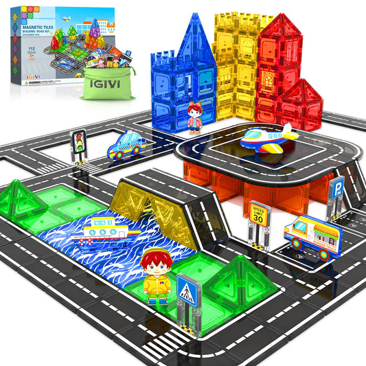 112 PCS Magnetic Tiles Road Set, STEM Magnetic Building Blocks for Toddler Kid Toys, City Construction Toys for 3+ Year Old Boys & Girls, Creative Kids Toys Gifts