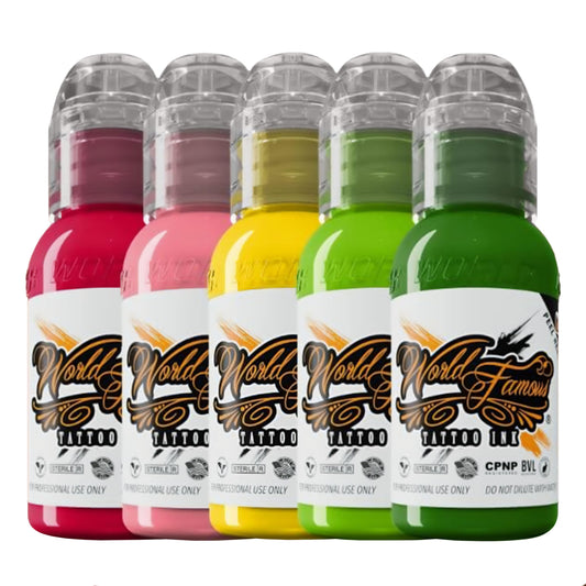 World Famous Botanical Mini Color Tattoo Ink Pigment Set of 5, Vegan, Professional Supplies, 1oz Bottles, Northern Lights, Everglades Green, Illuminati Yellow, Flying Pig Pink, Rose Red