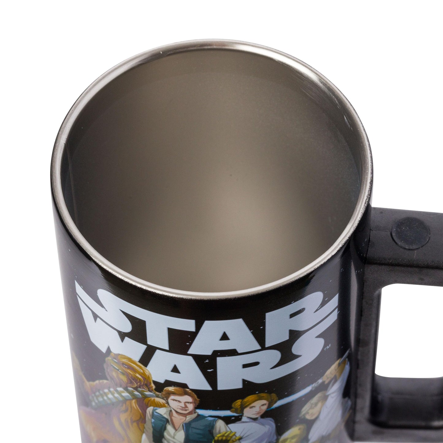 Silver Buffalo Star Wars Featuring Luke Skywalker, Princess Leia, Hans Solo, Chewbacca, Yoda, R2-D2, and C-3PO Double Wall Stainless Steel Travel Mug With Handle, 15 Ounces