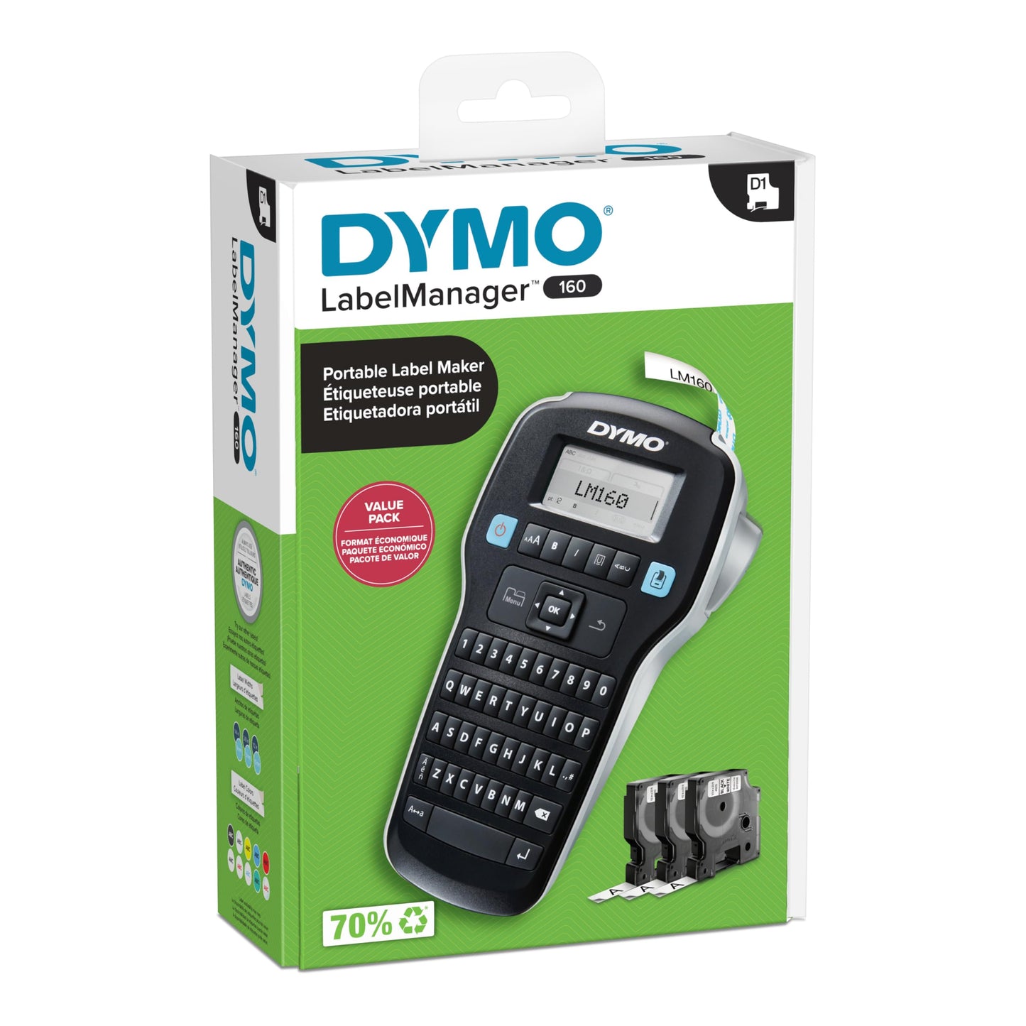 DYMO LabelManager 160 Label Maker Bundle with 3 D1 Label Cassettes, Portable Handheld, QWERTY Keyboard, One-Touch Smart Keys, Large Display, Home & Office Organization