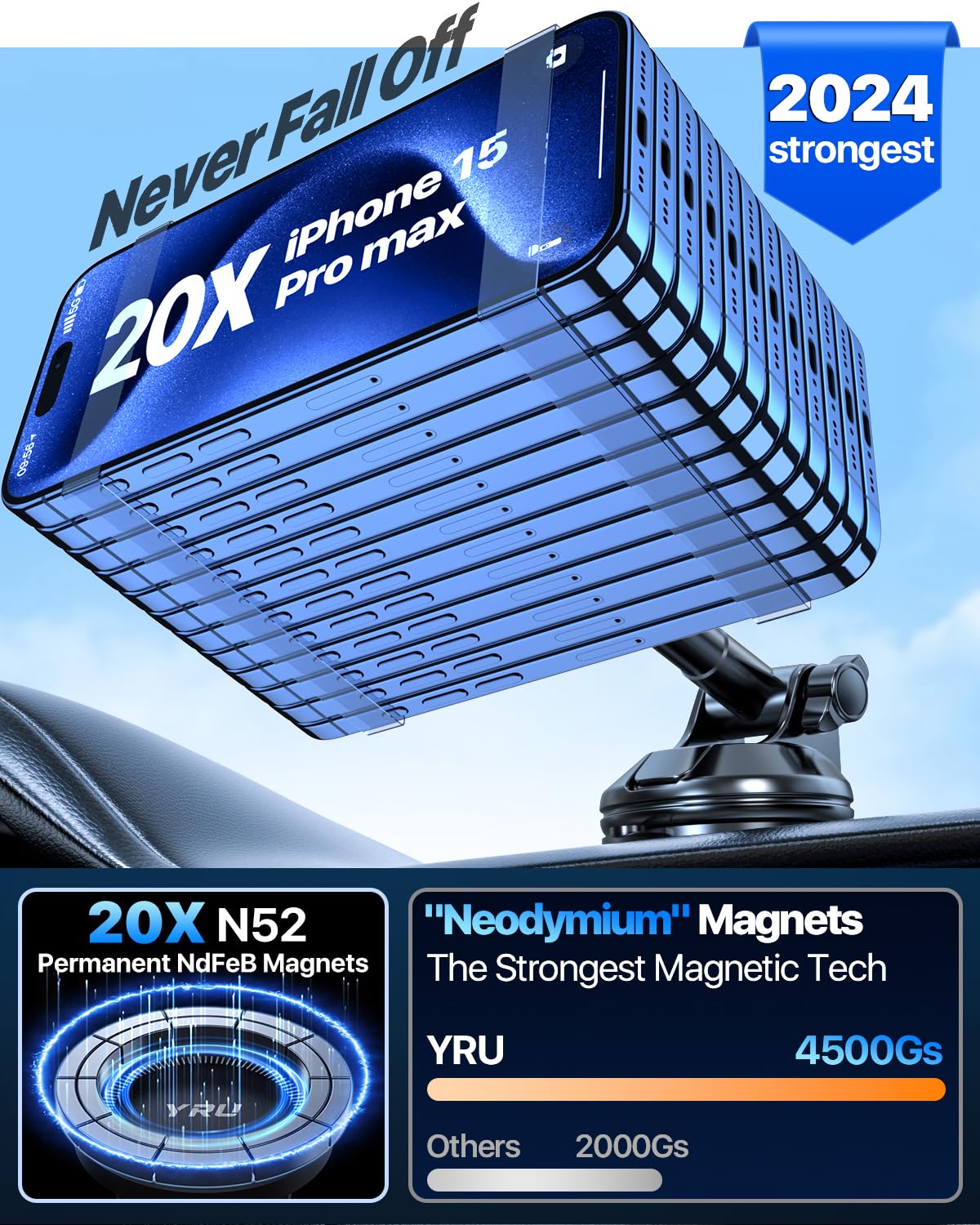 YRU [2025 Upgraded] Magnetic Phone Holder for Car【Patented & Super Magnet】 for MagSafe Car Mount Dashboard Magnet Phone Holder Windshield Phone Stand for iPhone 16 15 14 13 12 Pro Max Samsung, Black