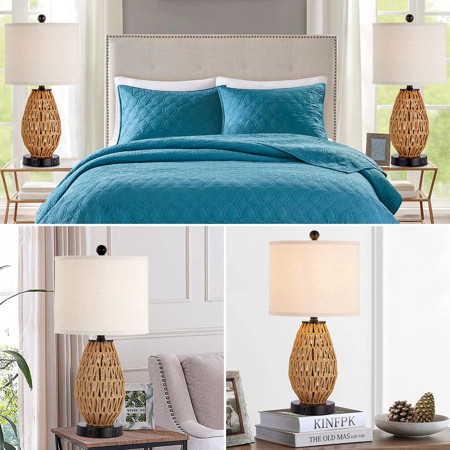 CINSARY Touch Control Rattan Table Lamps, 3 Way Dimmable Bedside Lamps for Bedroom Set of 2 with 2 USB Ports and AC Outlet, Wicker Nightstand Lamps for Living Room (LED Bulbs Included)