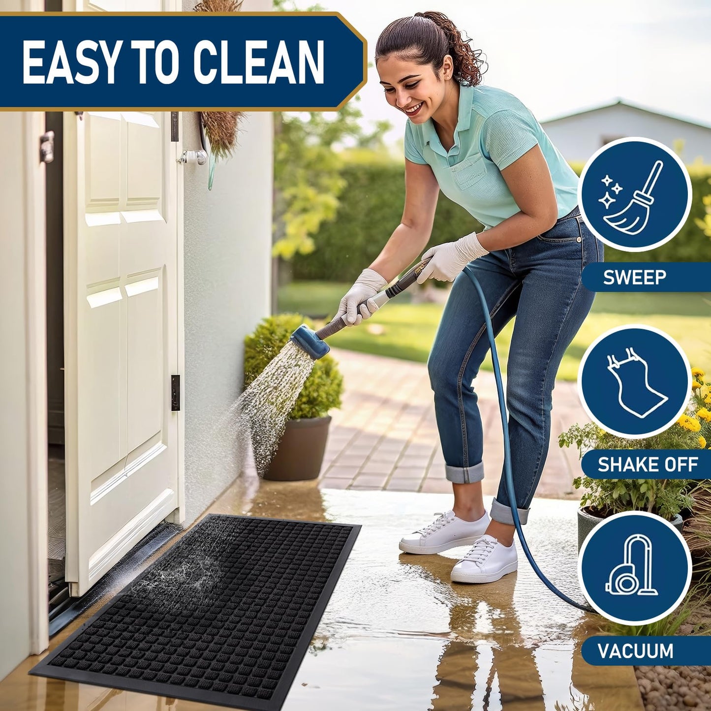 Smiry Front Door Mat Outside Entrance, Heavy Duty Natural Rubber Doormat, Non Slip, Trap Dirt and Moisture, Easy Clean, Low Profile Welcome Floor Mats for Indoor Outdoor Entry, 35x23 Inch, Black