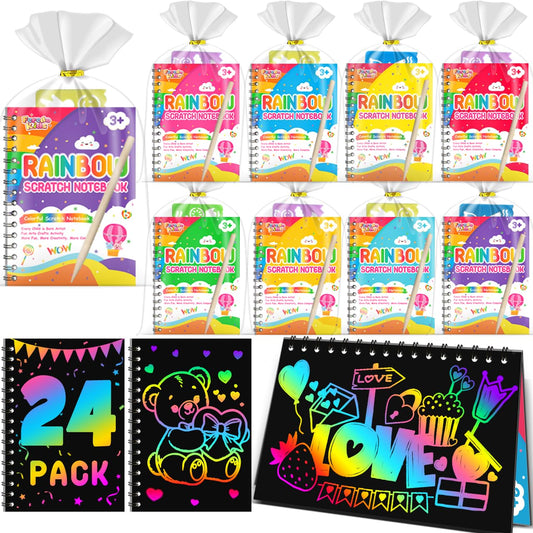 FEREDO KIDS Party Favors for Kids: 24 Pack Rainbow Scratch Art Notebook Students Classroom Goodie Bag Items Bulk for Girls Boys Loot Bag Fillers, Return Gifts for Birthday Party Gifts Kids Crafts