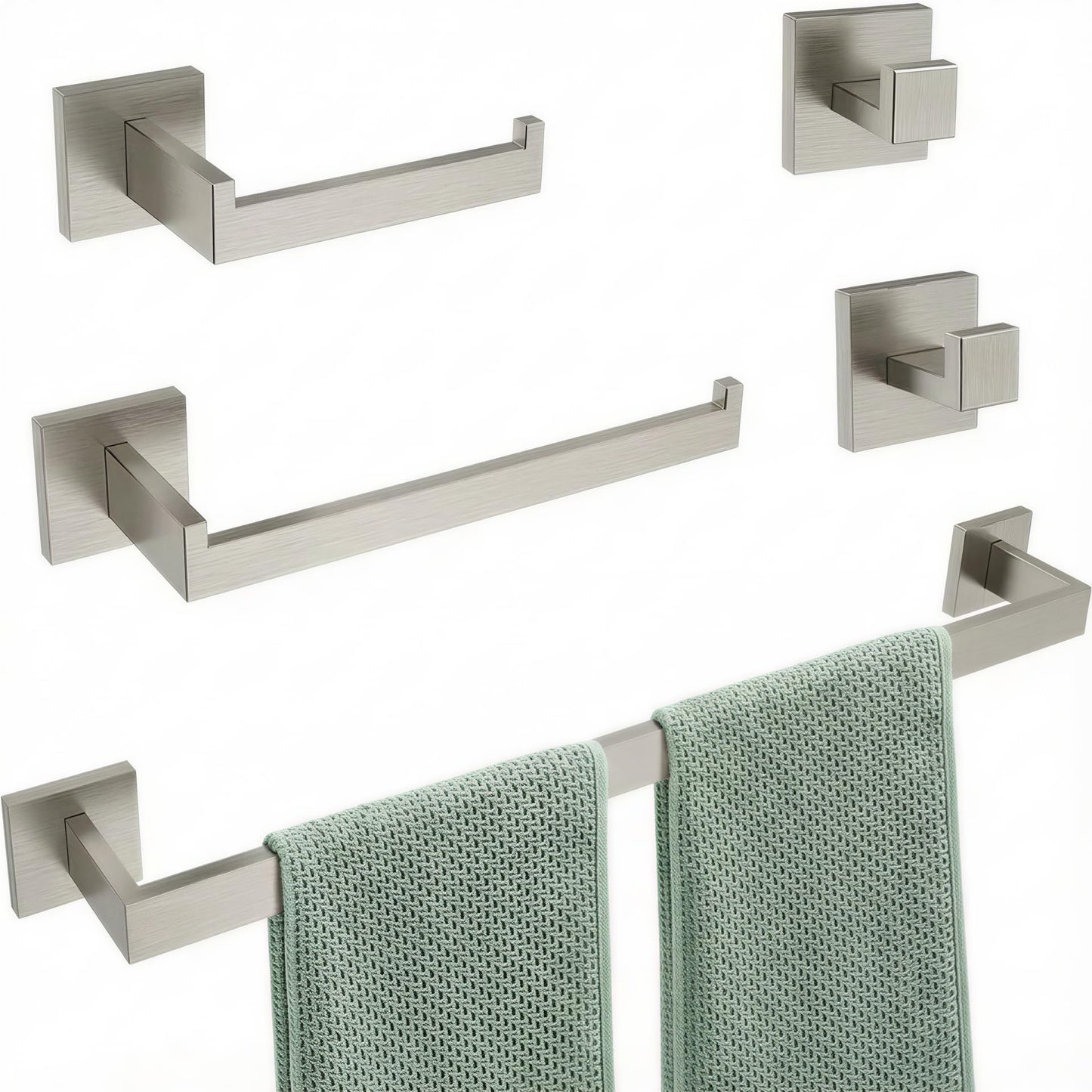 5-Piece Brushed Nickel Bathroom Hardware Set, Wall Mounted Thickened 304 Stainless Steel Towel Holder Set, Featuring 23.6" Towel Bar, Hand Towel Rack, Toilet Paper Holder, and 2 Towel Hooks