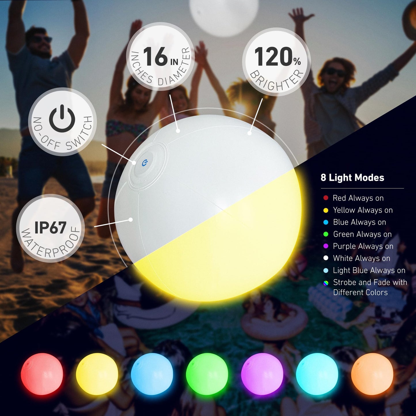 Pool Toys - 16" Light Up Beach Ball, 4 Pack Glow in The Dark Balls with 8 LED Modes, Pool Games for Adults, Teens and Kids, LED Ball for Outdoor or Indoor Activities