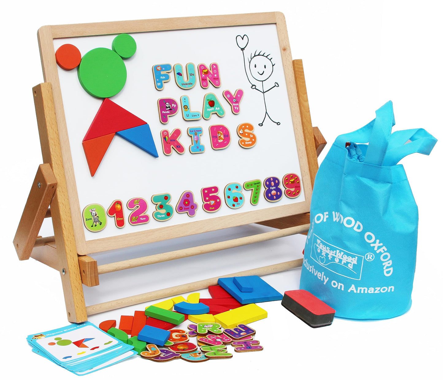 Wooden Easel for Children Foldable Double Magnetic Boards Magnetic Shapes Letters Numbers and Paper roll Kids Art Easel -Table Top Magnetic Board for Kids