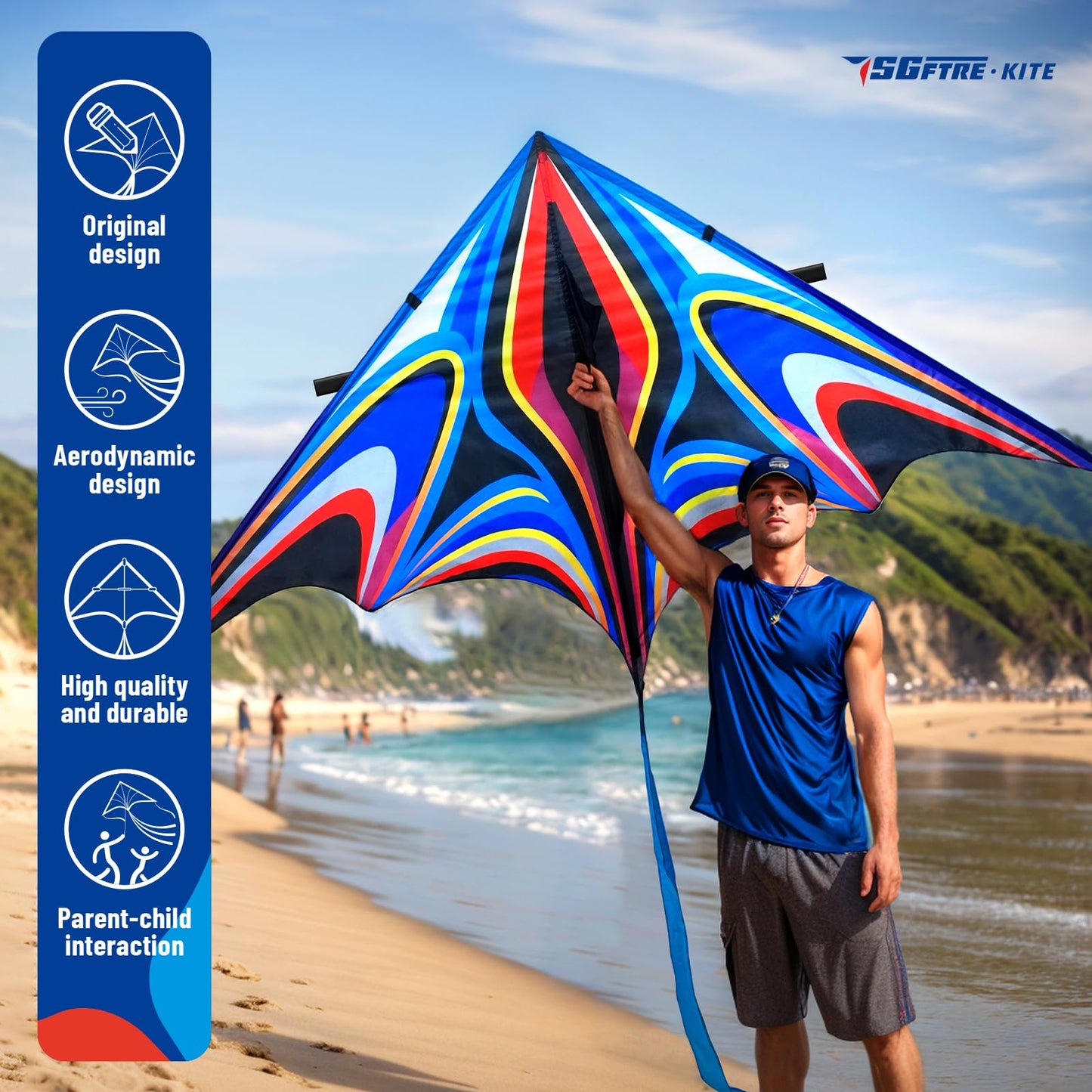 SGftre Blue Large Delta Kite for Adults，Extremely Easy to Fly for Beginners，Kites for Beach Trip Park Family Outdoor Activities (2.8m Large Power Triancle-Blue)