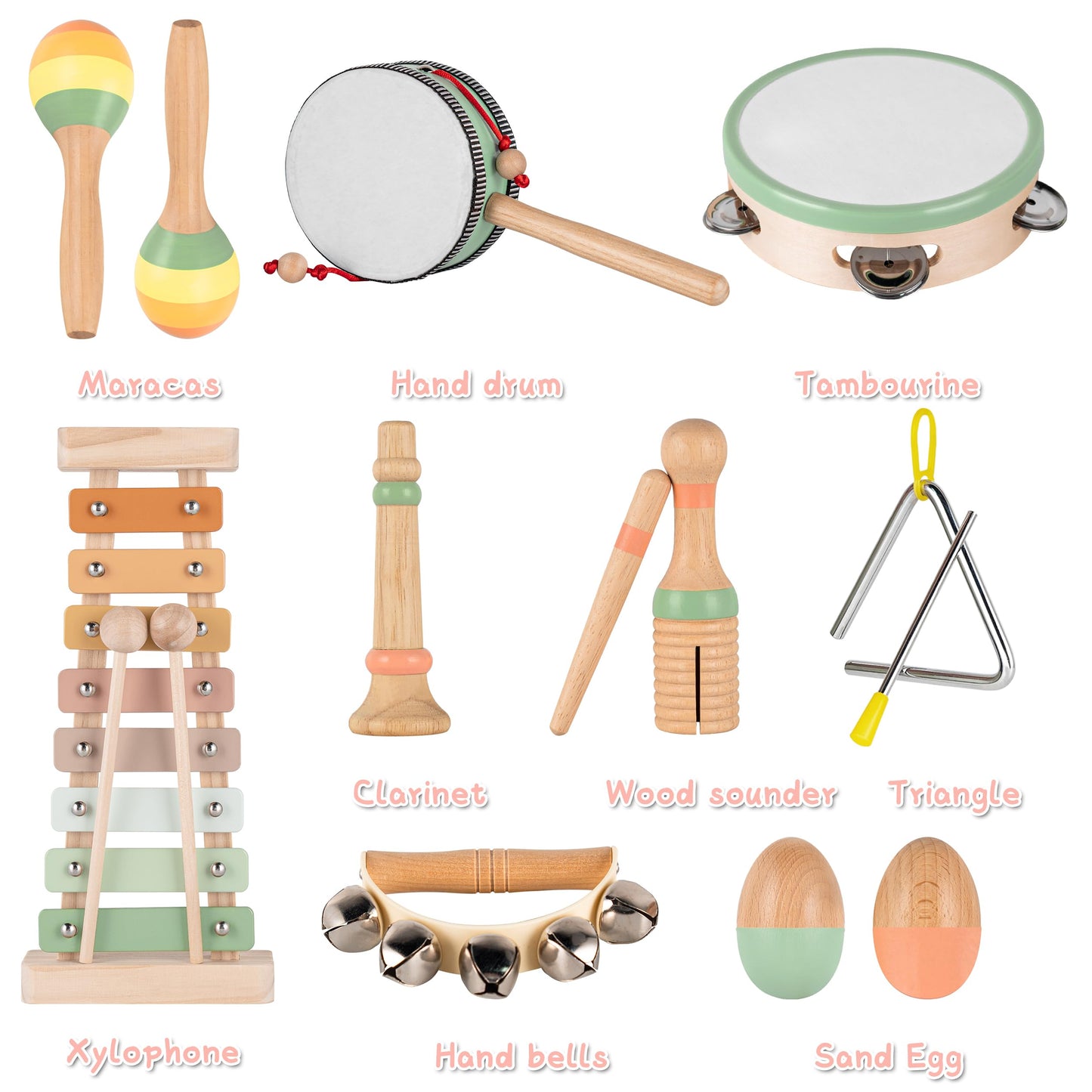 VINJOE Montessori Wooden Musical Instruments for 1-3 Years Old Kids Neutral Colors Early Learning Musical Instrument Set