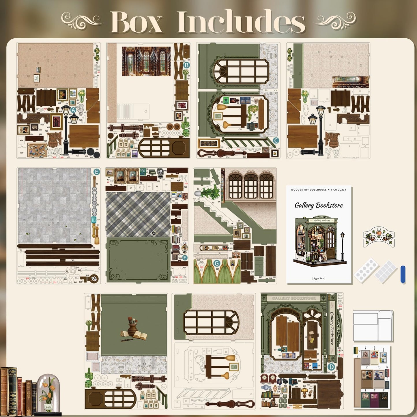 Cutefun Book Nook Kit - DIY Miniature Dollhouse Kit for Adults and Teens, 3D Wooden Puzzle Library Mini House Building Kit with LED Bookshelf Insert Decor Creative Gifts (Gallery Bookstore)