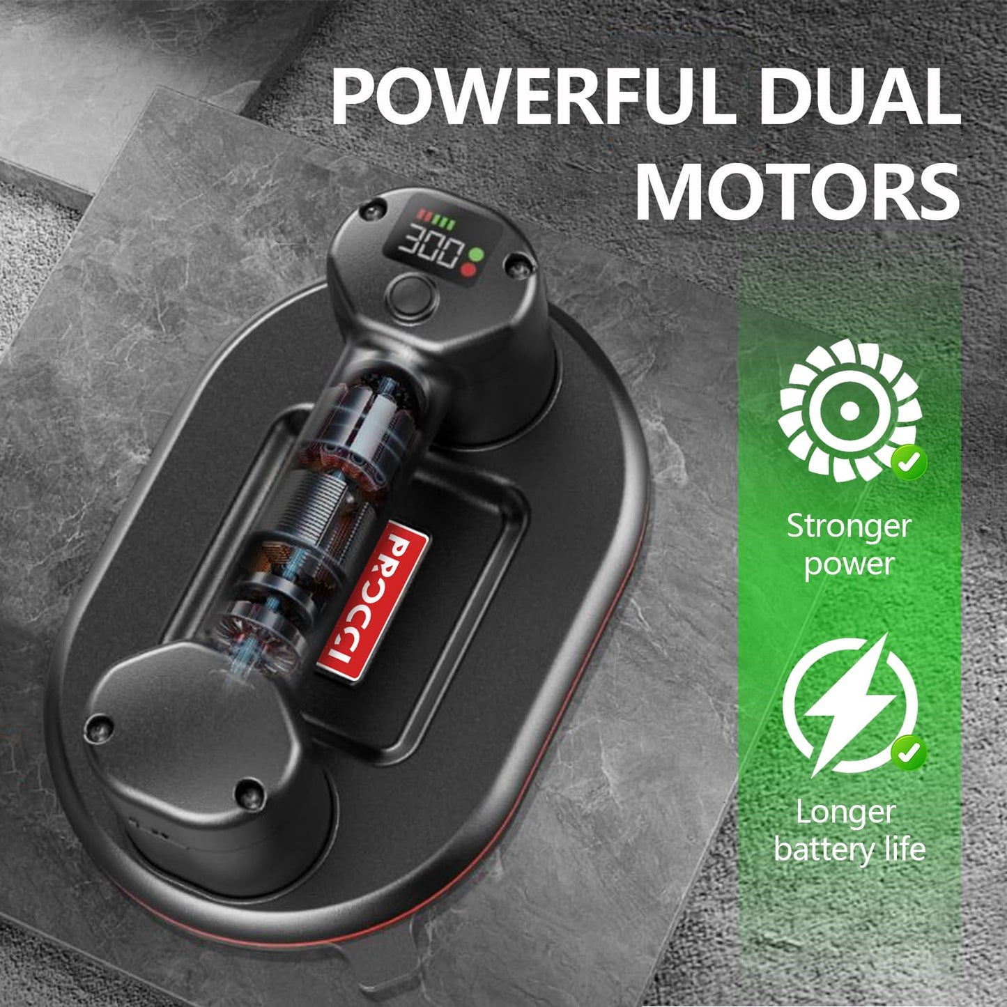 Battery Suction Cup,10 in Diameter, 2 Brushless Motors, 300 KG / 660 lbs Suction Power, LCD Display for Suction Power & Battery Level, 4000 mAh Battery, 10h Runtime