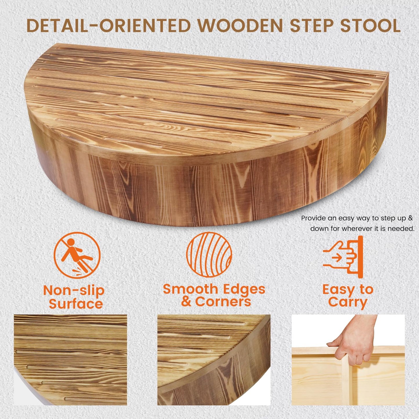 Solid Wooden One Step Stool, 5.2" High Semicircular Wood Bed Step for Elderly Adults Kids Safety to Get in & Out of High Bed, Kitchen, Bathroom(26.4" L, 550LBs Capacity)