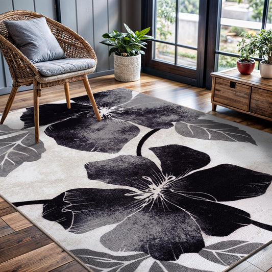 CAMILSON Solana Modern Floral 4x6 Rug Non-Skid (Non-Slip) Rubber Backing Flowers Leaf Soft Non Shedding Easy Cleaning for Living Room Bedroom Kitchen Indoor Area Rugs Carpet (4 x 6, Black Grey)