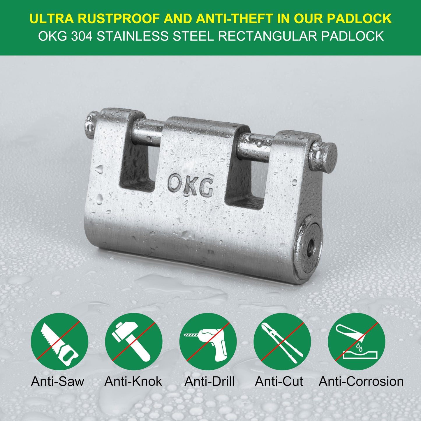 OKG Ultra Secure Stainless Steel Lock - 3 Keys, 2 Rods, Heavy Duty Solid Cast Padlock - 7/16" Shackle, Push Cylinder, Rust Proof Outdoor Lock - Combo Security Chain for 2-Wheeled Vehicle (No Chain)