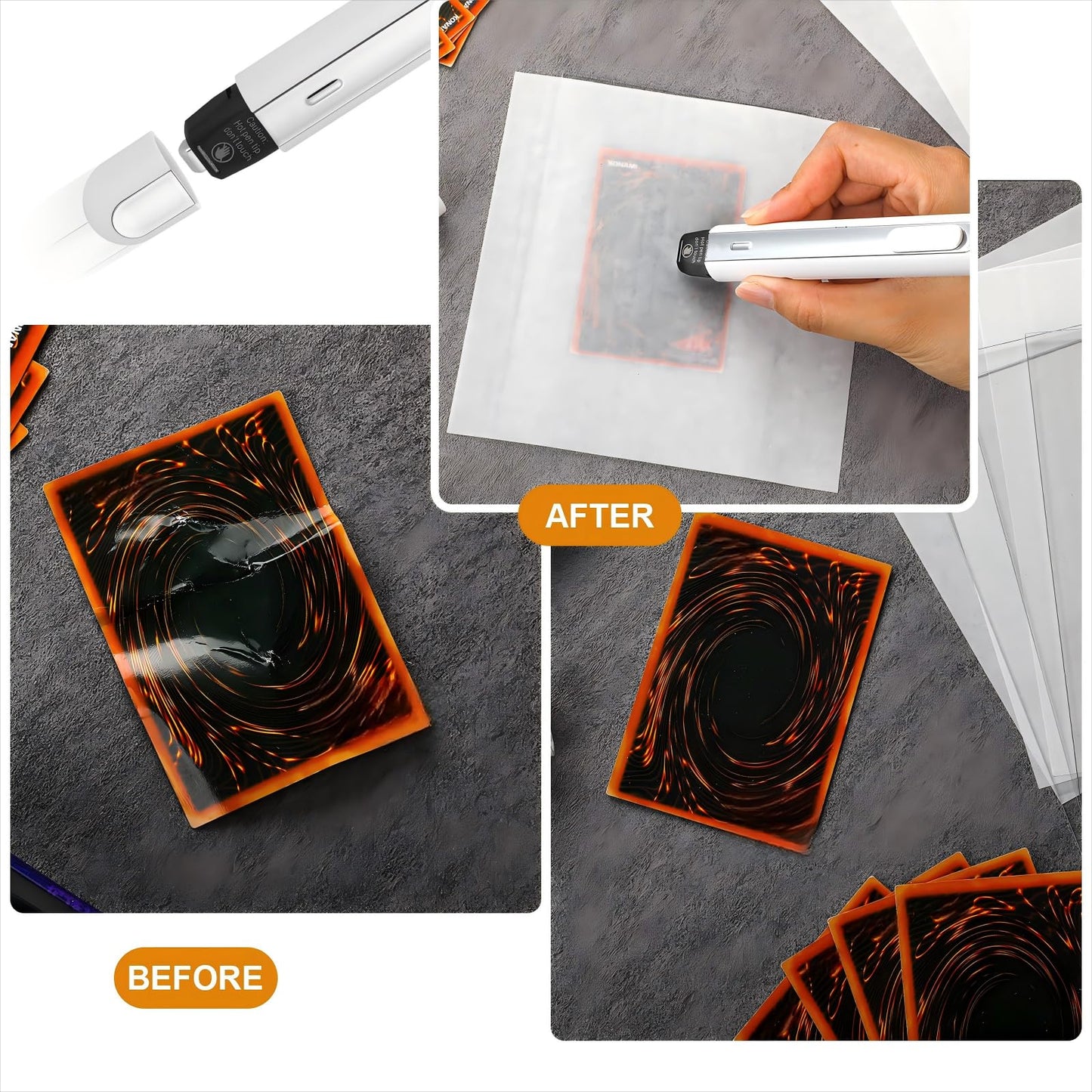 Grinsvalley 47 Pcs Card Flattening Kit Thermal Pen Card Based Care Tool Accessory Set Include 1 White Crease Reducer Thermal Pen 25 Heat Papers 20 Heat Vinyl Clear Sheets and 1 USB Charging